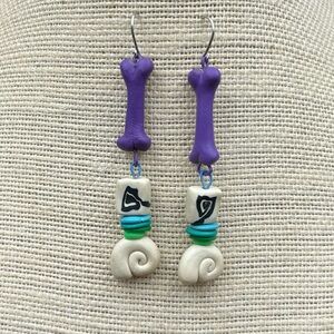 Vintage 1990's Handmade Polymer Clay Dangle Earrings Purple Bone Swirls